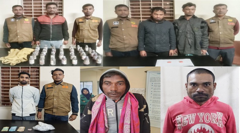 রাজশাহীতে আরএমপির মাদকবিরোধী অভিযানে ৬ জন গ্রেপ্তার; ট্রিপ্রোলিডিন-কোডিন সিরাপ, ইয়াবা ট্যাবলেট, গাঁজা ও ট্যাপেন্টাডল ট্যাবলেট উদ্ধার