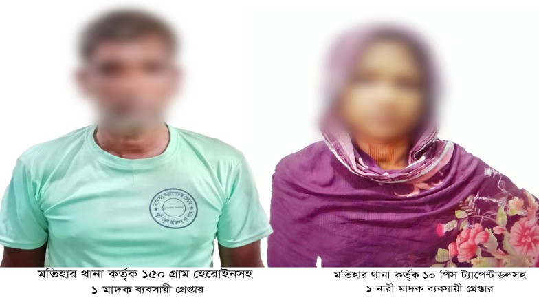 রাজশাহী মহানগরীতে আরএমপি’র মাদকবিরোধী অভিযানে নারীসহ ২ মাদক ব্যবসায়ী গ্রেপ্তার; বিপুল পরিমাণ হেরোইন ও ট্যাপেন্টাডল ট্যাবলেট উদ্ধার; অটোরিক্সা ও মোবাইল ফোন জব্দ